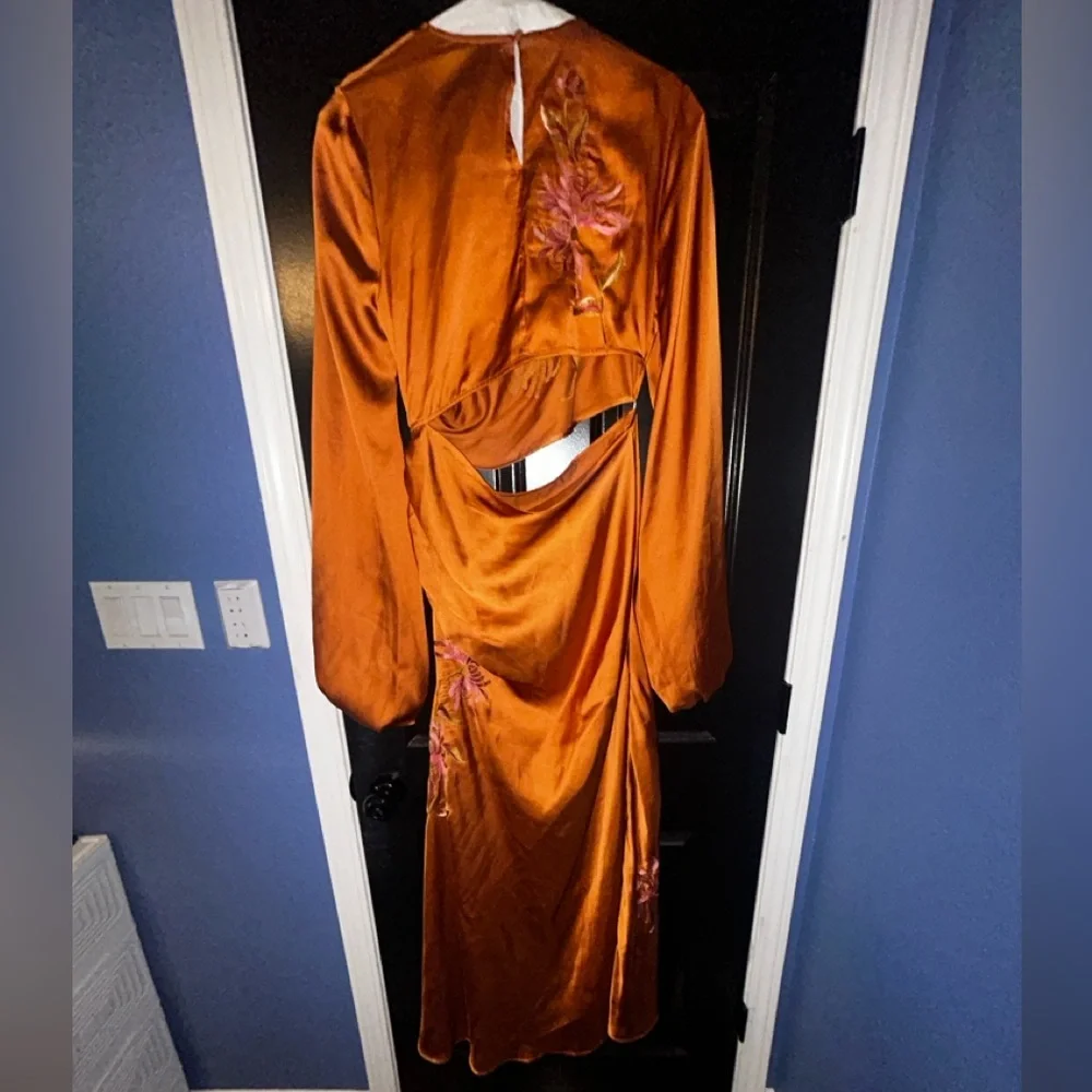 ASOS DESIGN long sleeve cut out bias maxi dress with floral embroidery in rust - Picture 5 of 5